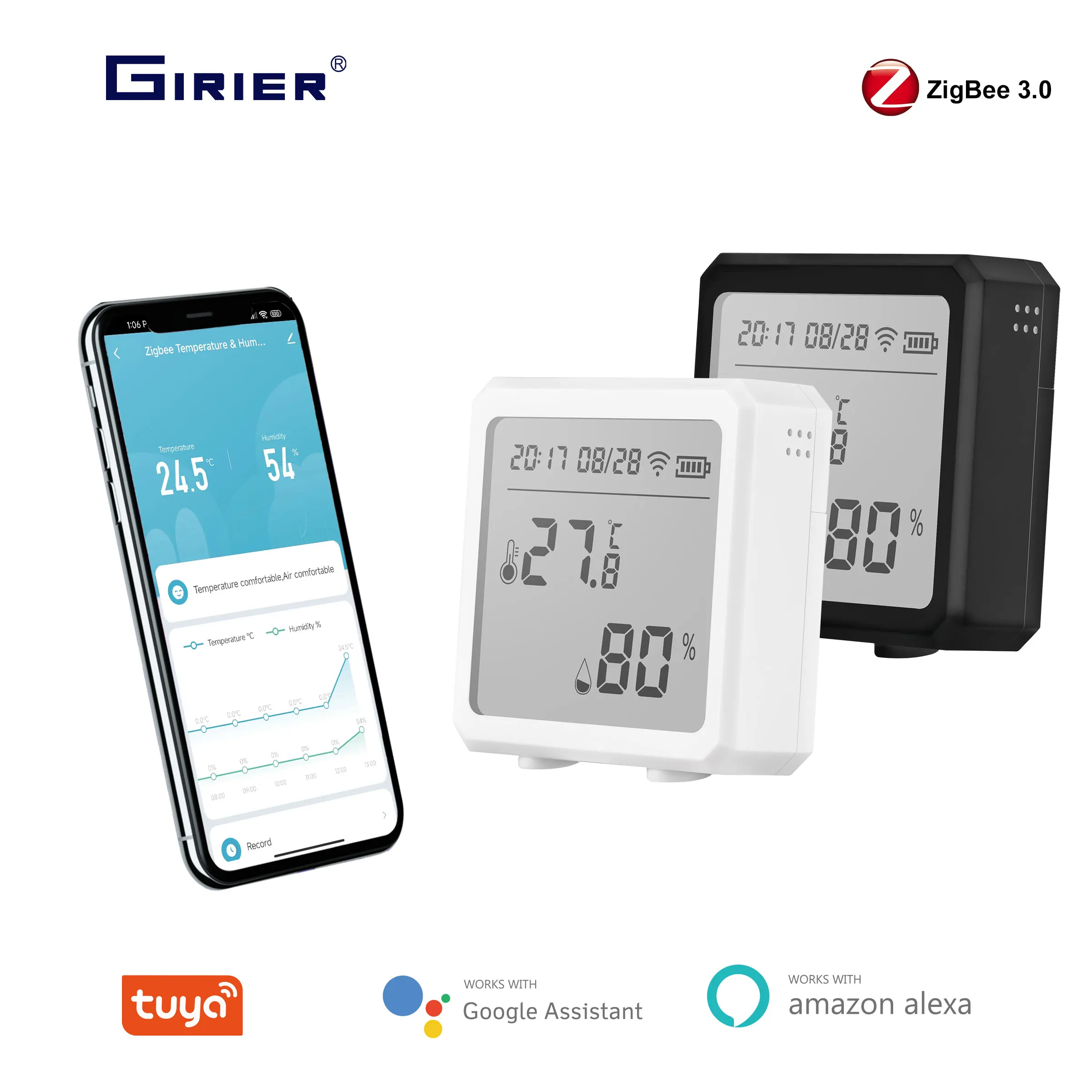 GIRIER Tuya ZigBee 스마트 온도 습도 센서, LCD 화면, 무선 스마트 습도계 온도계, Hey Google Alexa 작동