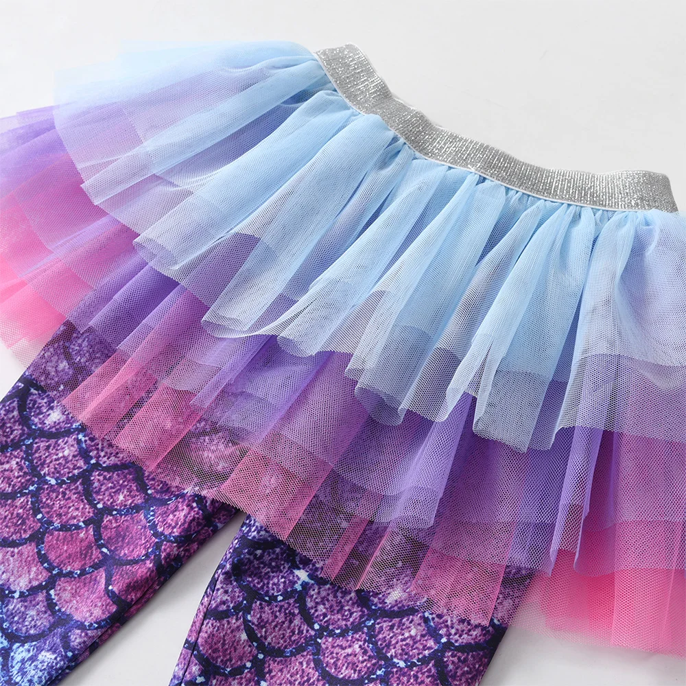 VIKITA Kids Girls Mermaid Print Pants Girls Mesh Tutu Skirts Leggings Children Fake 2pcs Pantskirt Girls Trousers with Skirts 2