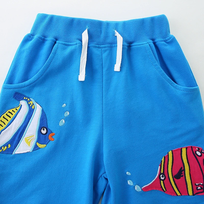 Summer Boys Shorts Blue Cartoon Fish Beach Pant Kids Clothes Baby Boys Sporty Shorts Knit Cotton Comfort