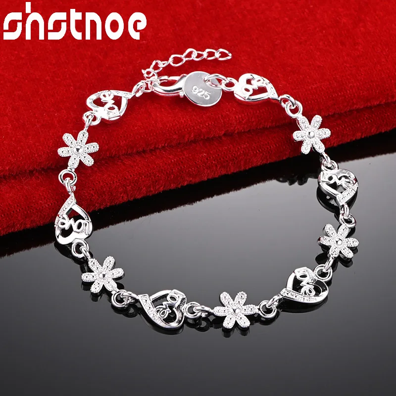 

SHSTONE 925 Sterling Silver Heart Daisy Flower Chain Bracelet For Woman Wedding Accessories Birthday Party Fashion Charm Jewelry