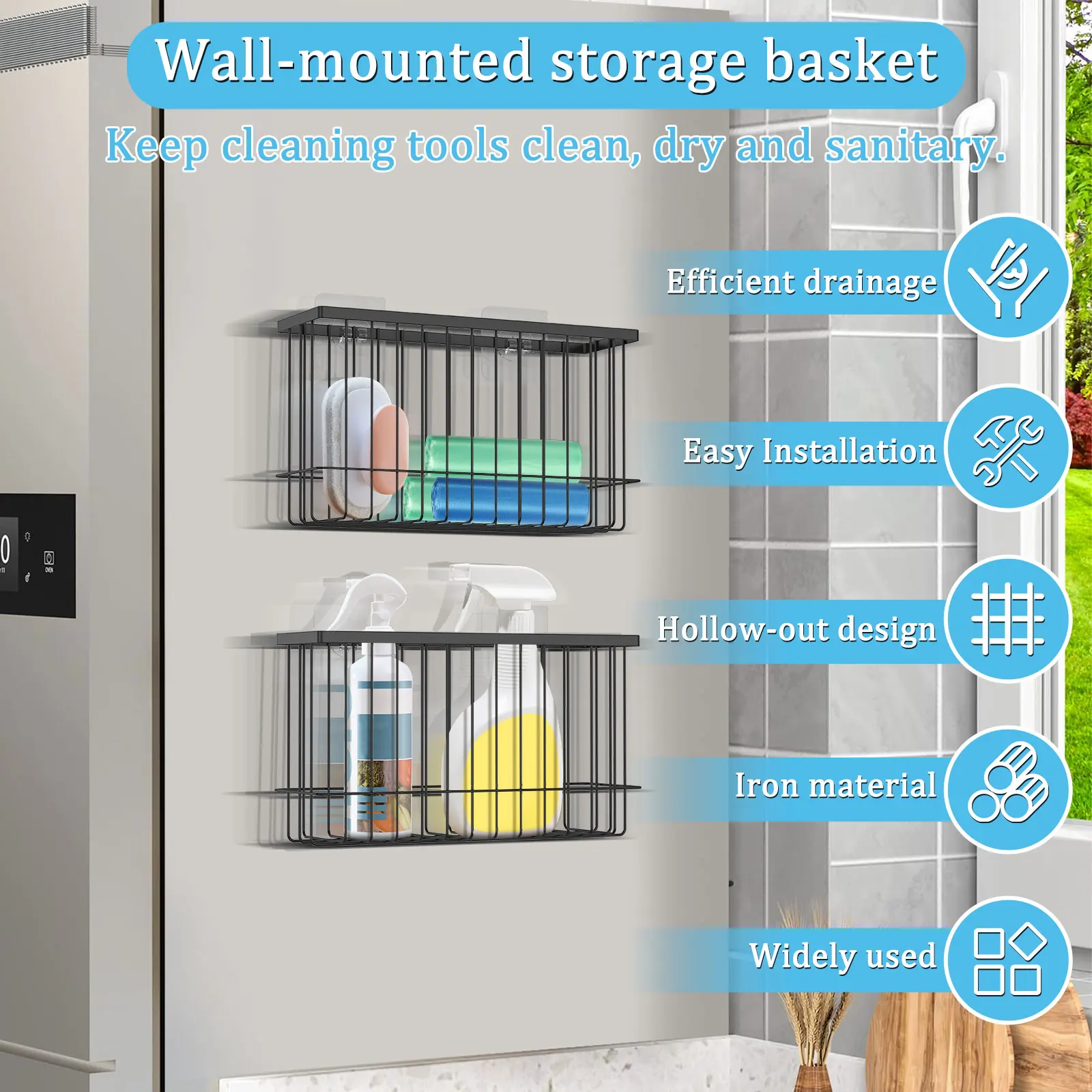 4Pcs Wall mounted Storage Basket Iron Kitchen Bathroom Storage Rack No Drilling Cabinet Door Organizer Home Bathroom Accessories