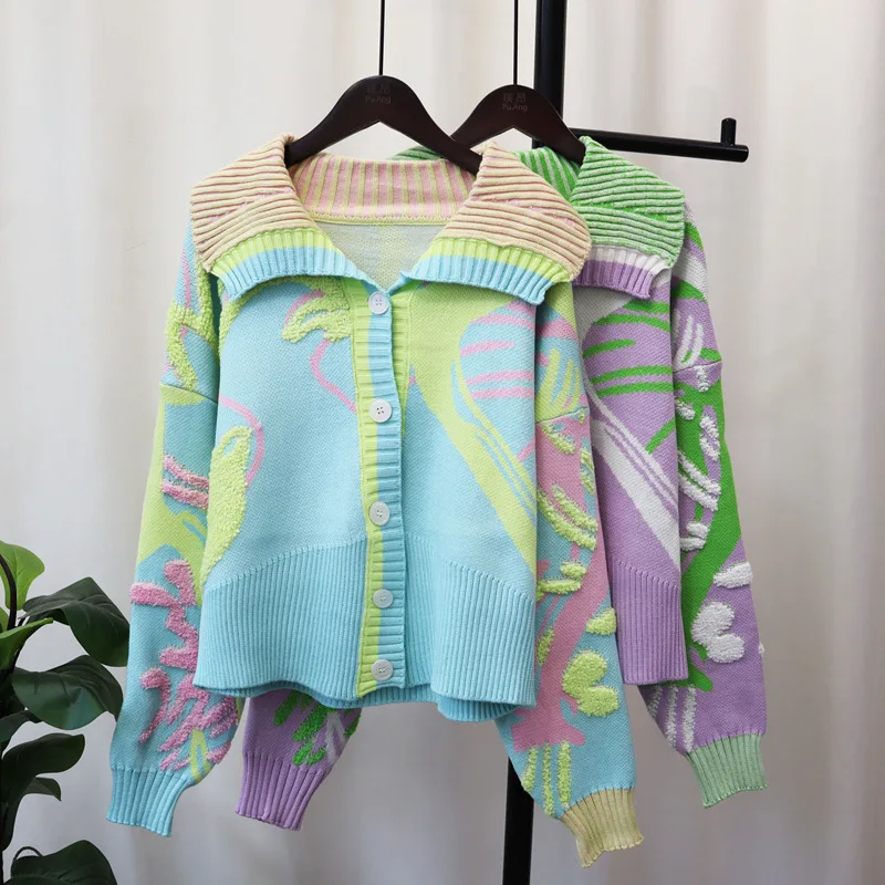 

2023 Autumn New Korean Version Loose Sweater Coat Female Lapel Design Sense Niche Knitted Cardigan jumper