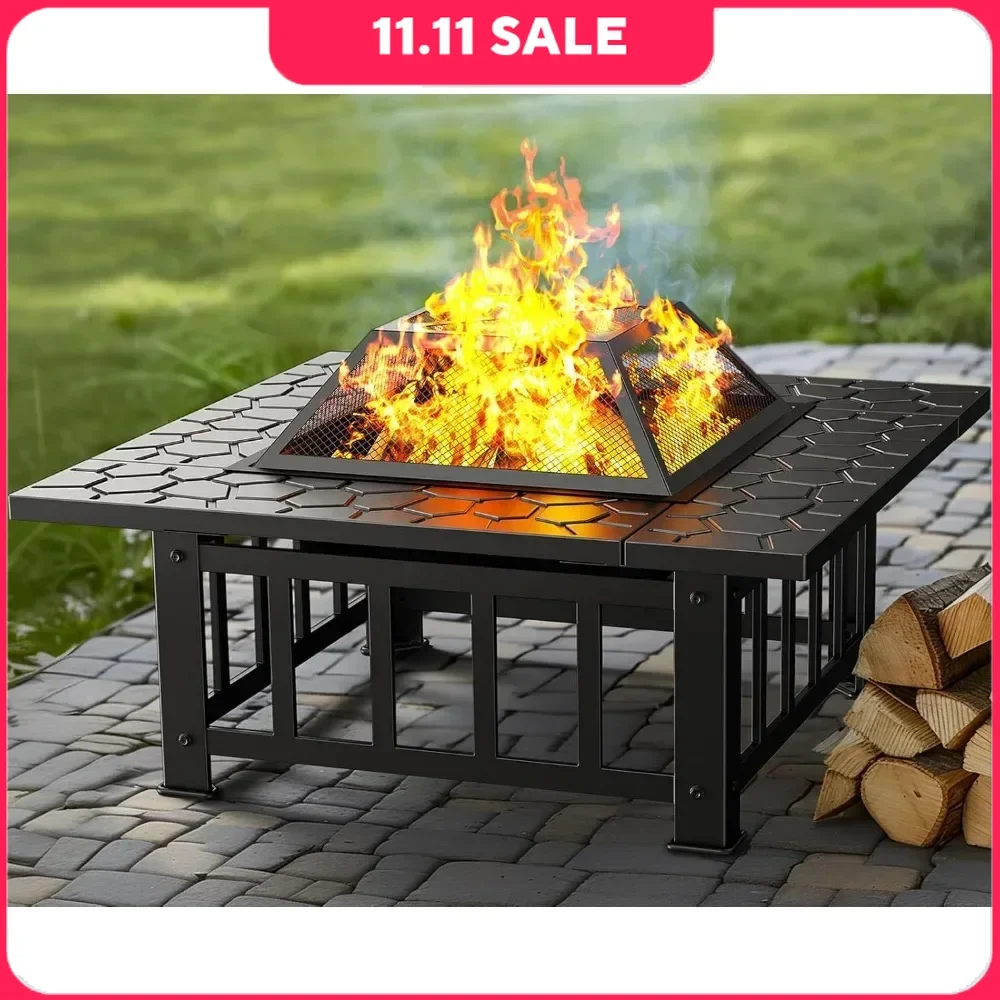 32 Inch 3-in-1 Multi-purpose Outdoor Fire Pit Table Spark Screen 22 Inch Fire Club Rain Cover