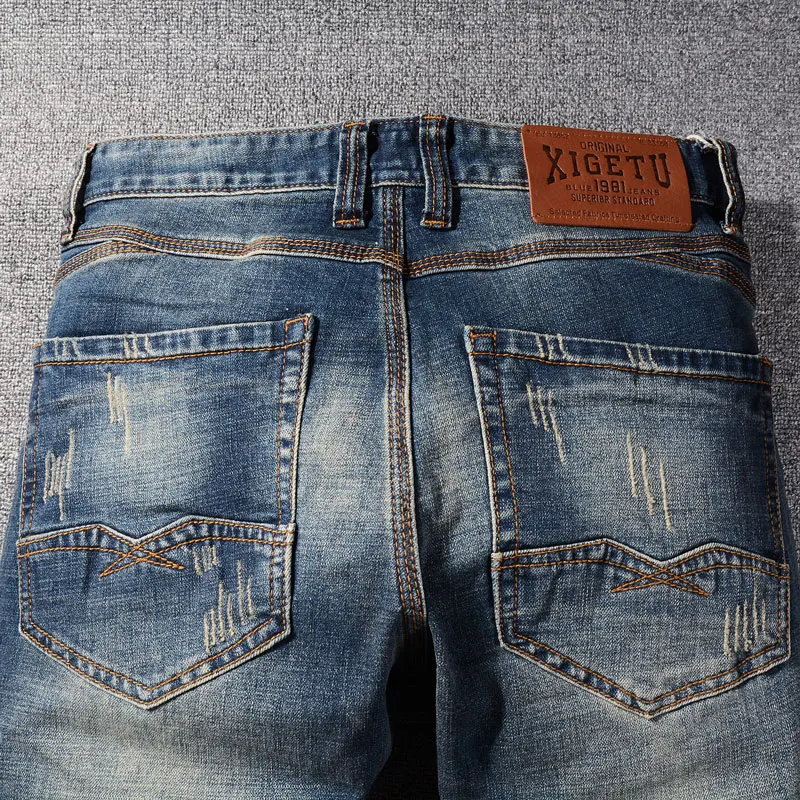 Fashion Designer Men Jeans Retro Washed Blue Elastic Stretch Slim Ripped Jeans Men Casual Trousers Vintage Denim Pants Hombre