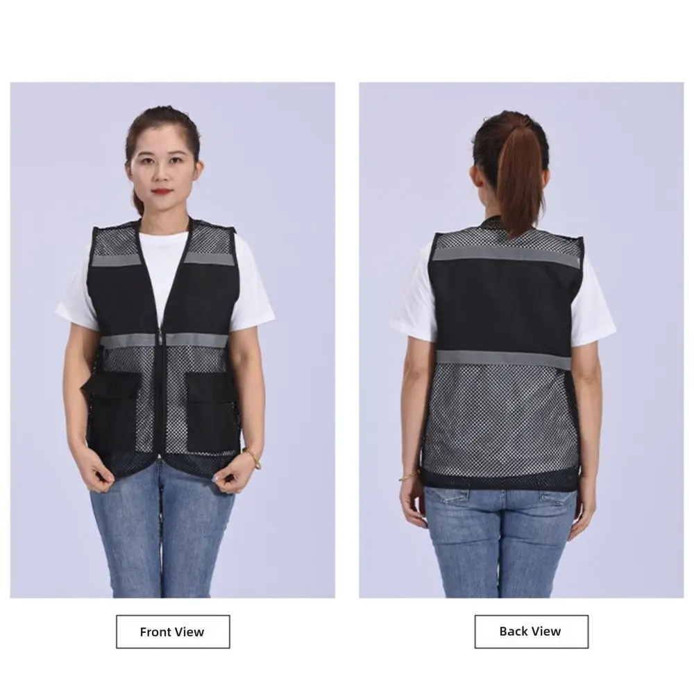 남성 여성 메쉬 안전 조끼 일반/반사 스트립 포함 지퍼 V 넥 조끼 민소매 스타일 시스루 조끼 여름 시즌