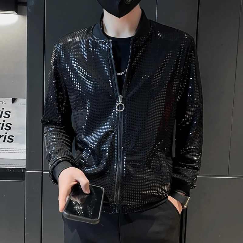 Men Shiny Sequin Windbreaker Jacket Bomber Luxury Fashion