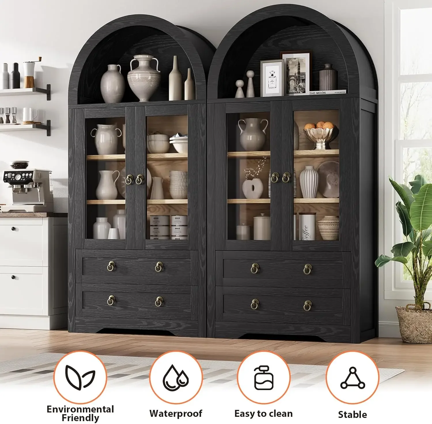 NEW-Kitchen Pantry Cabinet, Arched Bookshelf Bookcase China Pantry Storage Cabinet with Drawers Doors and Shelves,71“