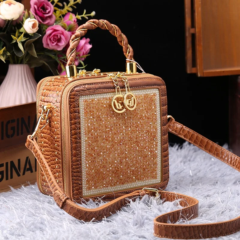 Crossbody Diamond Bag Shoulder Woman Women Handbag New Messenger Y2k Female Fashion Composite Cowhide Clutche Retro