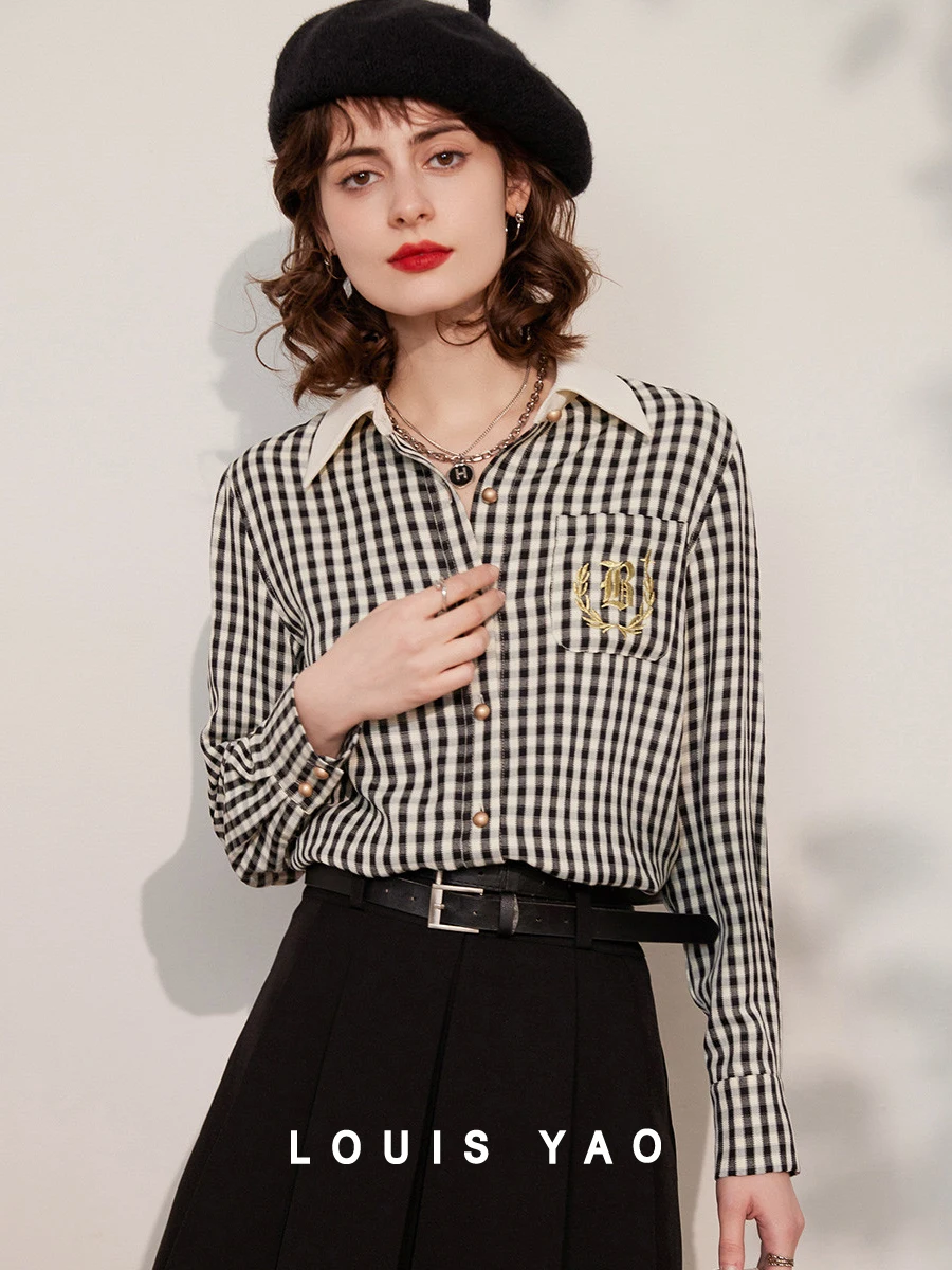 LOUIS YAO Women Plaid Shirt Turn Down Collar Long Sleeve 2024 Spring Summer Embroidery Blouse Loose Women's Top