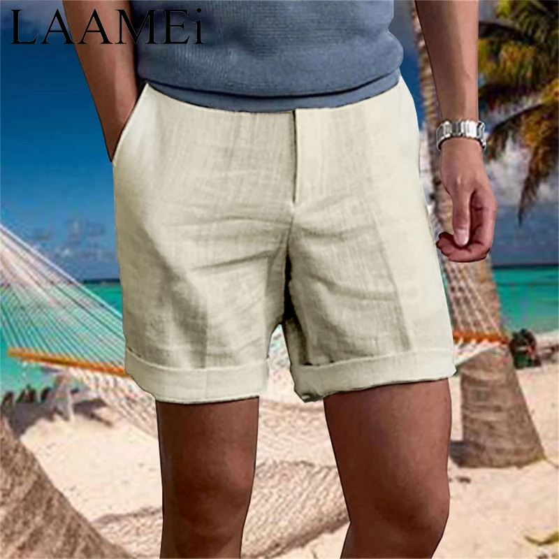 LAAMEi Summer New Fashion Casual shorts for men clothitng Thin 100% Linen Loose Breathable Beach Pants