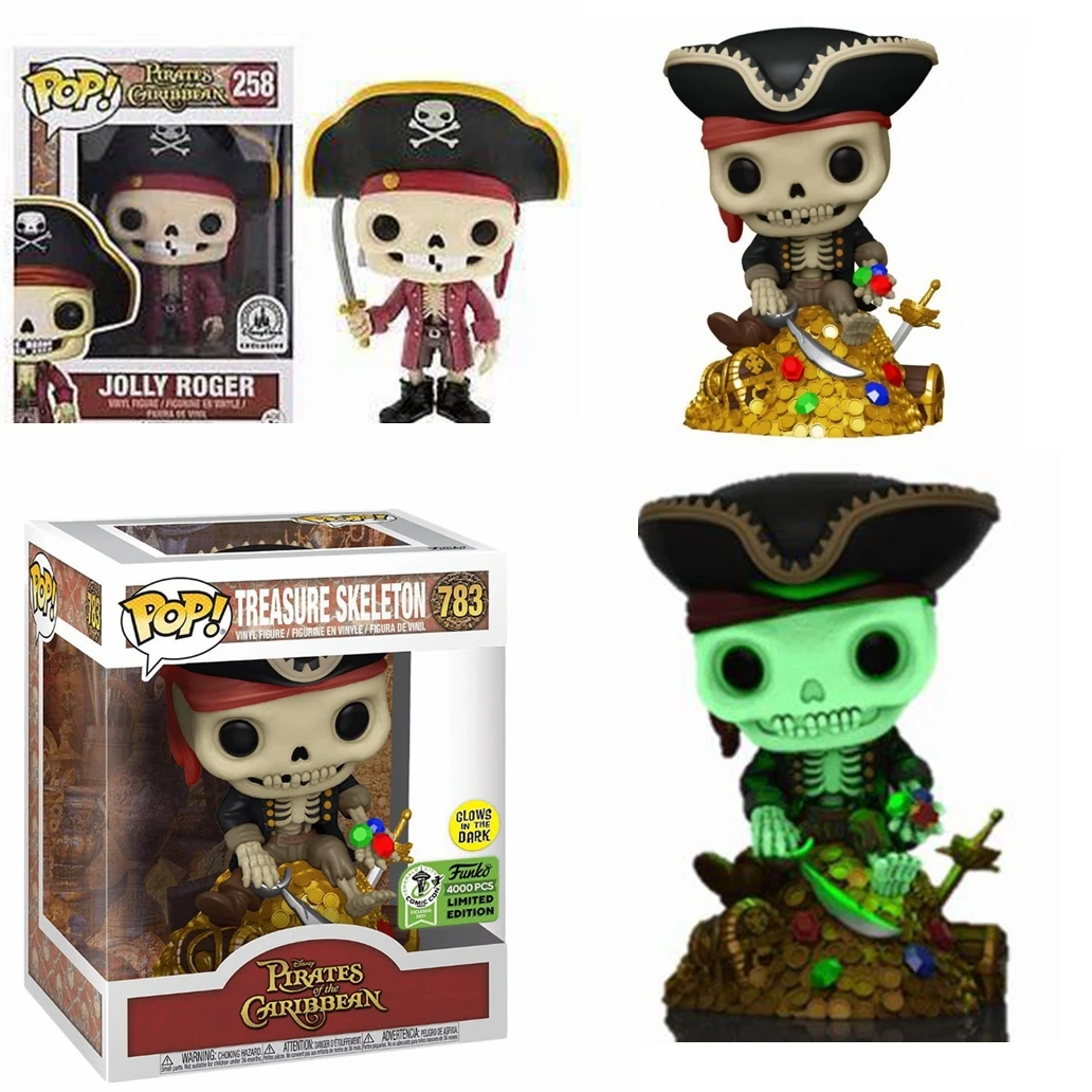 thumbnail image 1 of Nuevas figuras de juguete Funko Pop Disney Piratas del Caribe Treasure Skeleton 783# Glows Jolly Roger 258# Figuras de vinilo Juguetes para niños, 1 of 5
