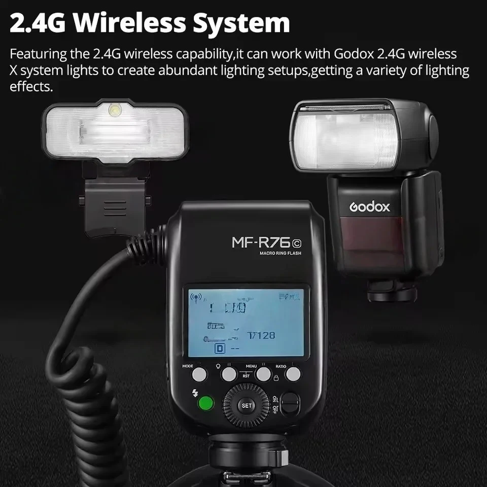 Godox MF-R76S+ 5900K TTL 치과용 매크로 링 플래시 플래시 지속 시간 1/300-1/20000초 재사용 시간 0.1-1초 A7M4 A7R 호환