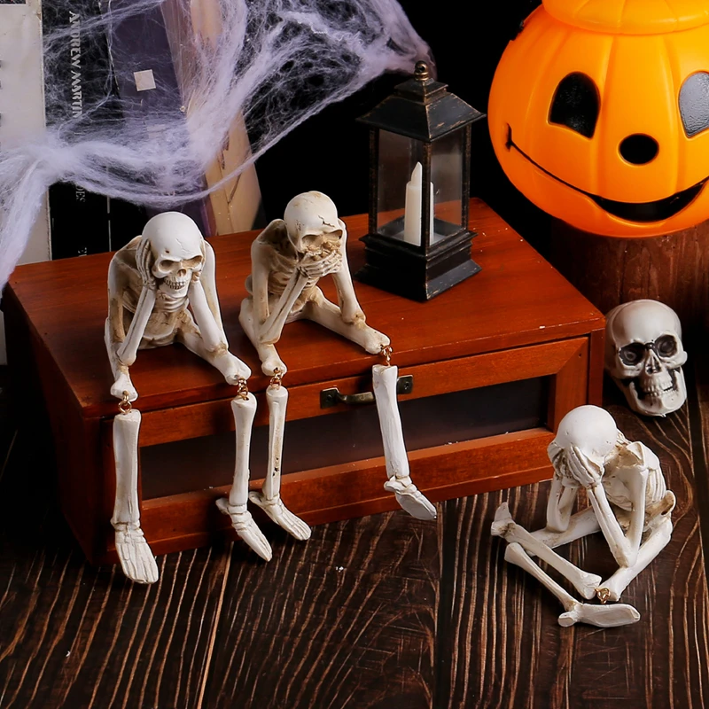 Resin Skeleton Decorations Realistic Skull Figurines for Halloween Party Home Table Decor Ornaments Haunted House Horror Props