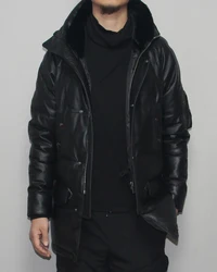 New Winter Men's Duck Down Coat Genuine Cowhide Leather Long Jacket with a Hood for Male Padding Parkas Black for weight 110kgs