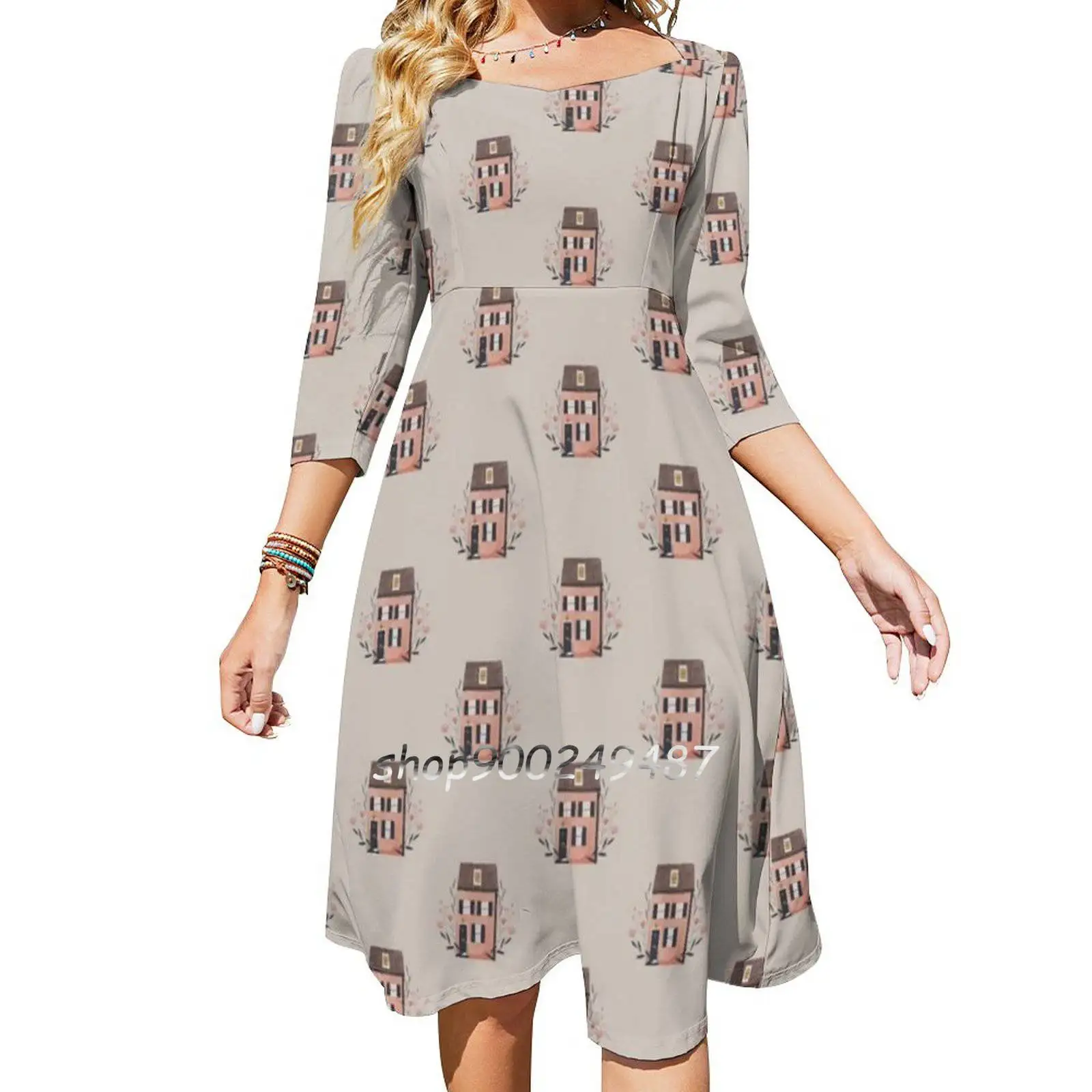 

Home Sweet Home Square Neck Dress New Plus Size Elegant Women Waist Tight Dress House Illustration Pink House Cozy Floral