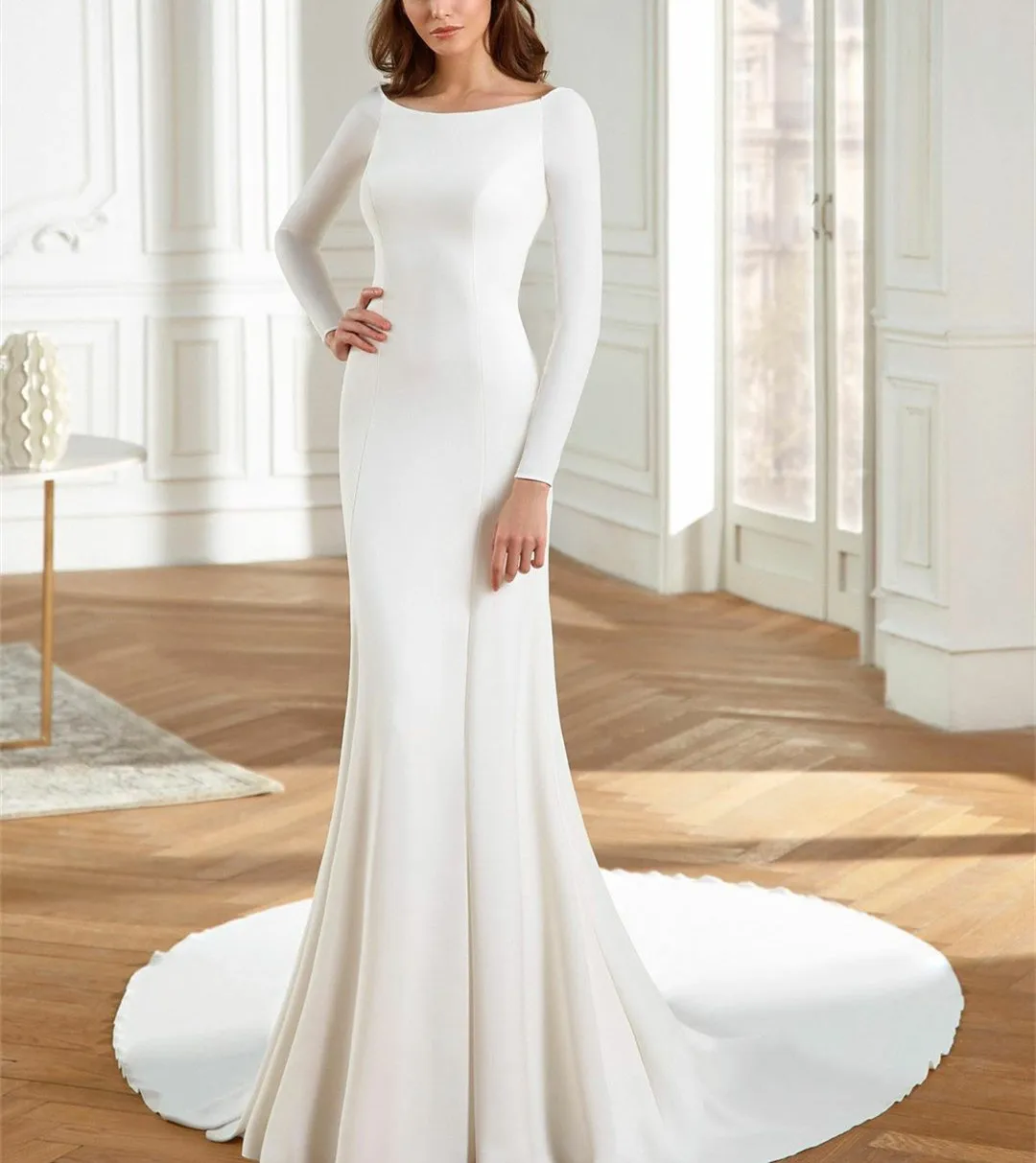 

Elegant Long Sleeve Ivory Crepe Wedding Dresses Mermaid Sweep Train Bridal Gowns with Buttons for Women