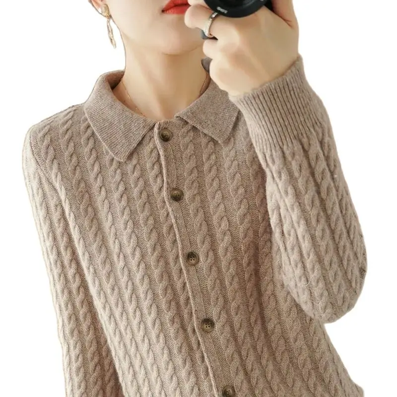 

Machine Button Craft Wool Shirt Women Autumn New Knitted Sweater Coat Solid Color Single-Breasted Fashion Cardigan Jacket