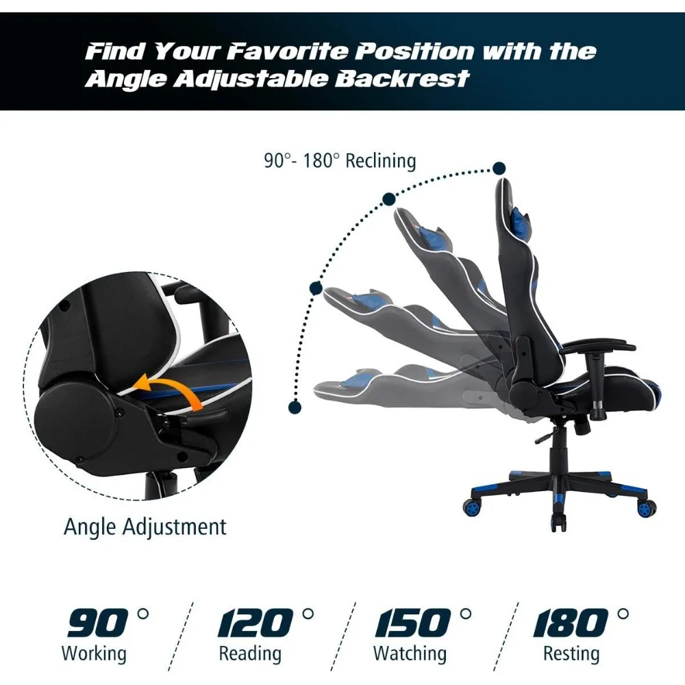 Gaming Chair, Massage Office Chair Computer Gaming Racing Chair, High Back PU Leather Adjustable Arms Headrest Ergonomic Reclin 5
