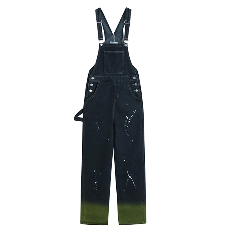 

Women's Ink Dot Dark Blue Overalls Jeans Simple Street Style Pants Design High Waist Denim Wide Leg Jumpsuit Female Trousers