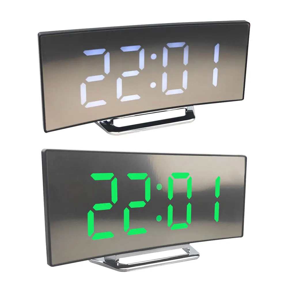 LED Curved Electronic Clock With Sleep Temperature Mirror Alarm Clock  Bedside Silent Clock  For Students Bedroom Living Room