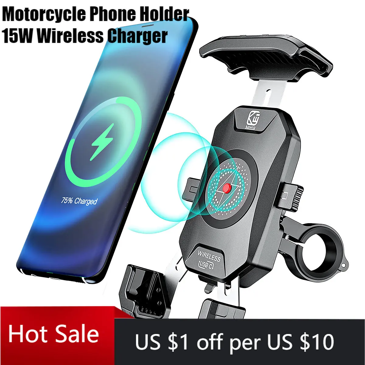 Motorcycle Phone Holder 15W Wireless Charger QC3.0 USB Charging Mount