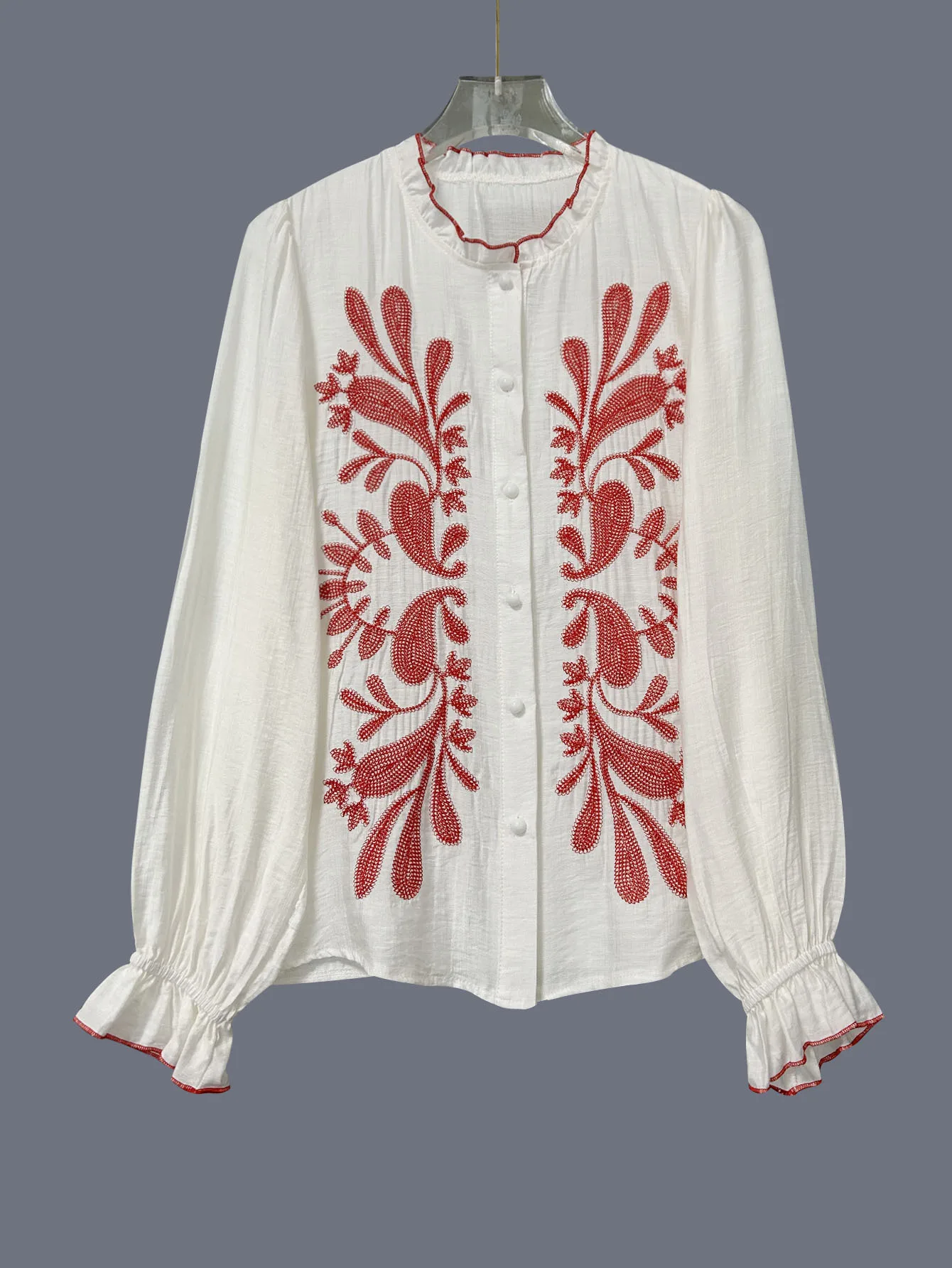 Spring and Autumn Women's Clothing New Street Style Lace V-Neck Cardigan Flared Sleeve Shirt Fashion Printed Splicing Top