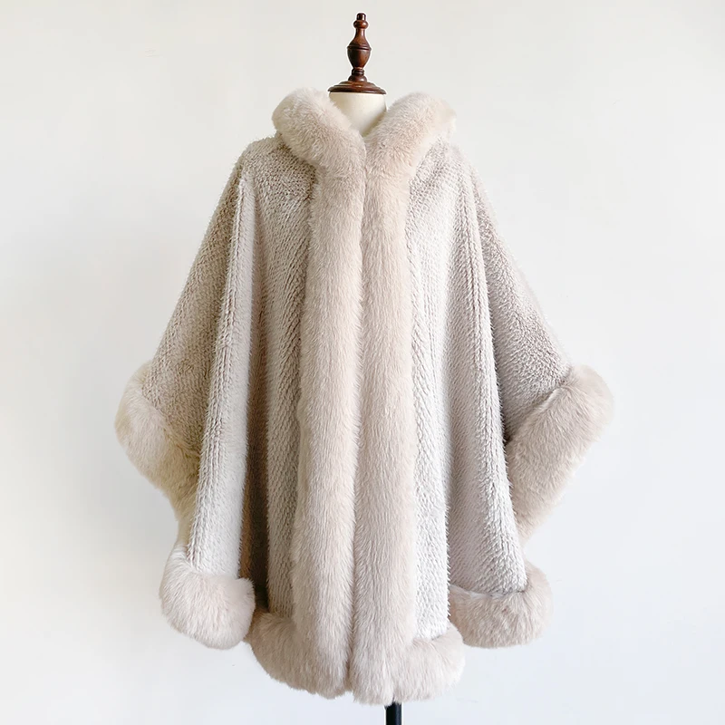 Winter New Women's Thicken Mink Wool Full Trims Faux Fur Cape - Hooded Loose Fleece Cloak Coat Party Dress Wraps Warm