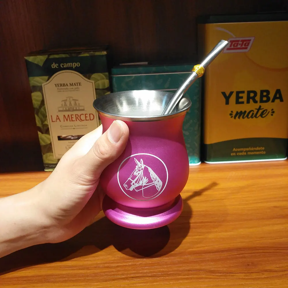 1 Set/Lot Gaucho Yerba Mate Gourds Cup Stainless 6 OZ Double Wall Heat Insulation With Removable Filter Straw & Cleaning Brush
