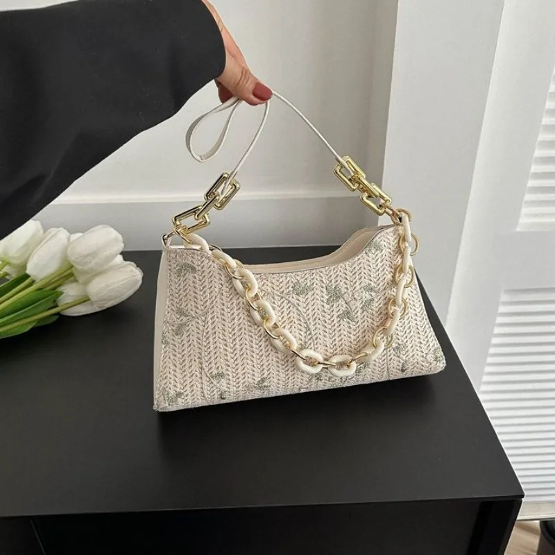 Elegant Shoulder Bags for Women High Quality Embroidery Underarm Handbags Weaven PU  Leather Armpit Purse Bag