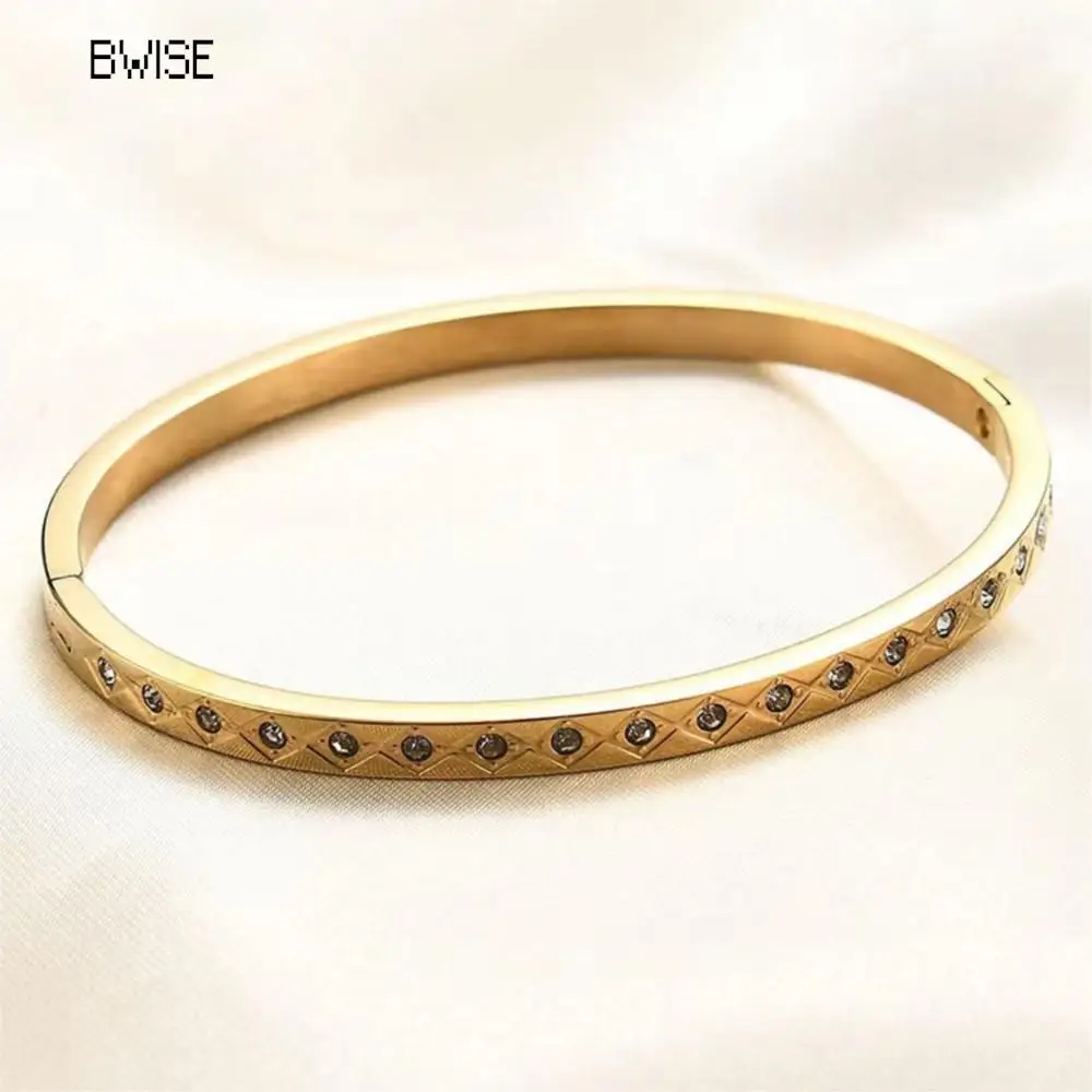 Bwise Waterproof Luxury Colorful Cubic Zirconia Bangles Stainless Steel Open Bracelet Bangle 18k Plated Fashion Jewelry Women 3