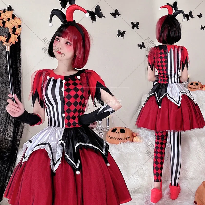 

Halloween New Clown Cosplay Costume Women Lolita Cute Red Dress With Headwear Carnival Party Roleplay Adult Funny Dress Outfit