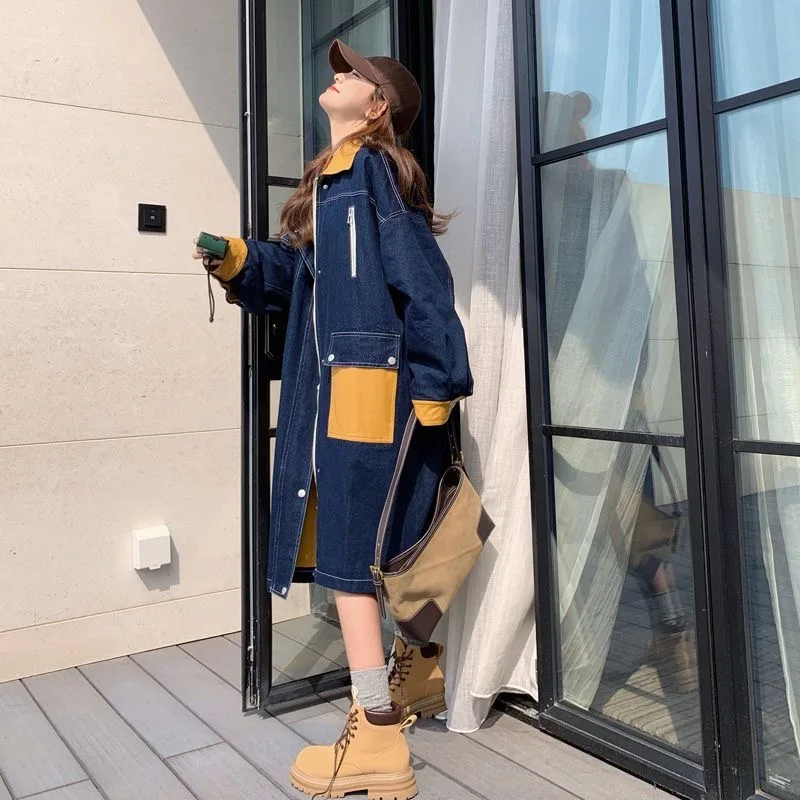 Oversize Autumn Winter Denim Jacket for Women 2023 Trendy Outerwear Patchwork Long Jacket Windbreaker Trench Coat Women Clothing