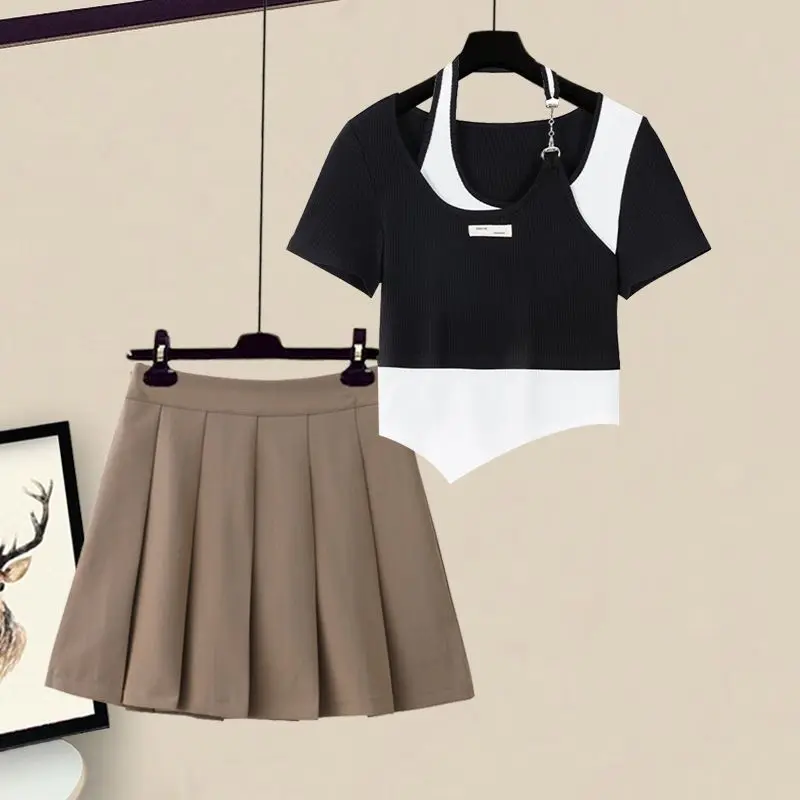 Summer Spicy Girl Fake Two Piece Irregular Short Sleeved Top Women's Pleated Skirt Short Skirt Pure Desire Style Two Piece Set