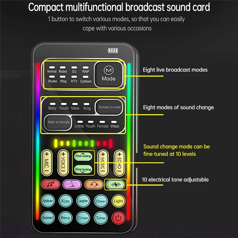A42Z-I9 Voice Changer Full Kit Multiple Audio Effect Bluetooth Live Sound Cards Ultra-Thin Portable Live Sound Card Mic Tool