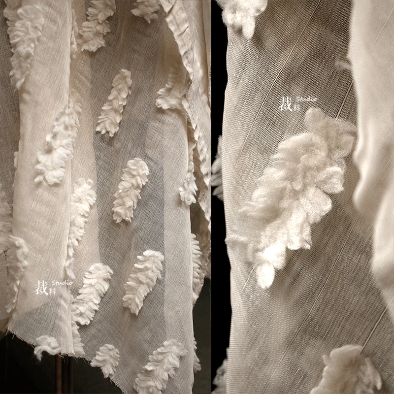 Creative Three-dimensional Hair Texture Beige Micro Perspective Gauze Fabric Handmade Clothing Designer Fabric
