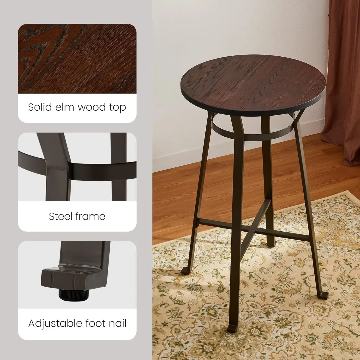 3 Piece Pub Table and Chairs Set Round Rustic Bar Height Top Table Adjustable Swive Hunter Bar Stools Bistro Diningroom