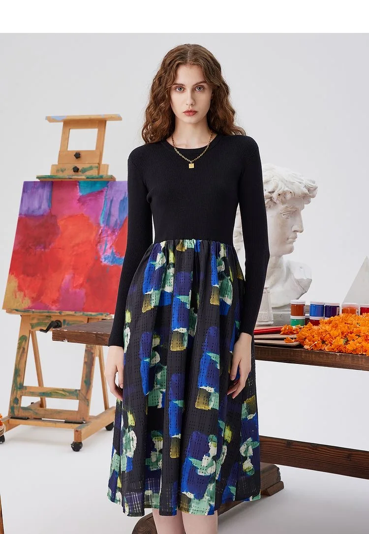 

Международная торговля оригинальный заказ Испания D Новое лоскутное трикотажное облегающее длинное платье с круглым вырезом и принтом