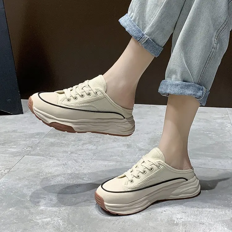 

2023Women Slippers Thick Bottom Round Head Canvas Shoes Outdoor Lace Up Lightweight Non-slip Walking Sneakers Sapatos Feminino