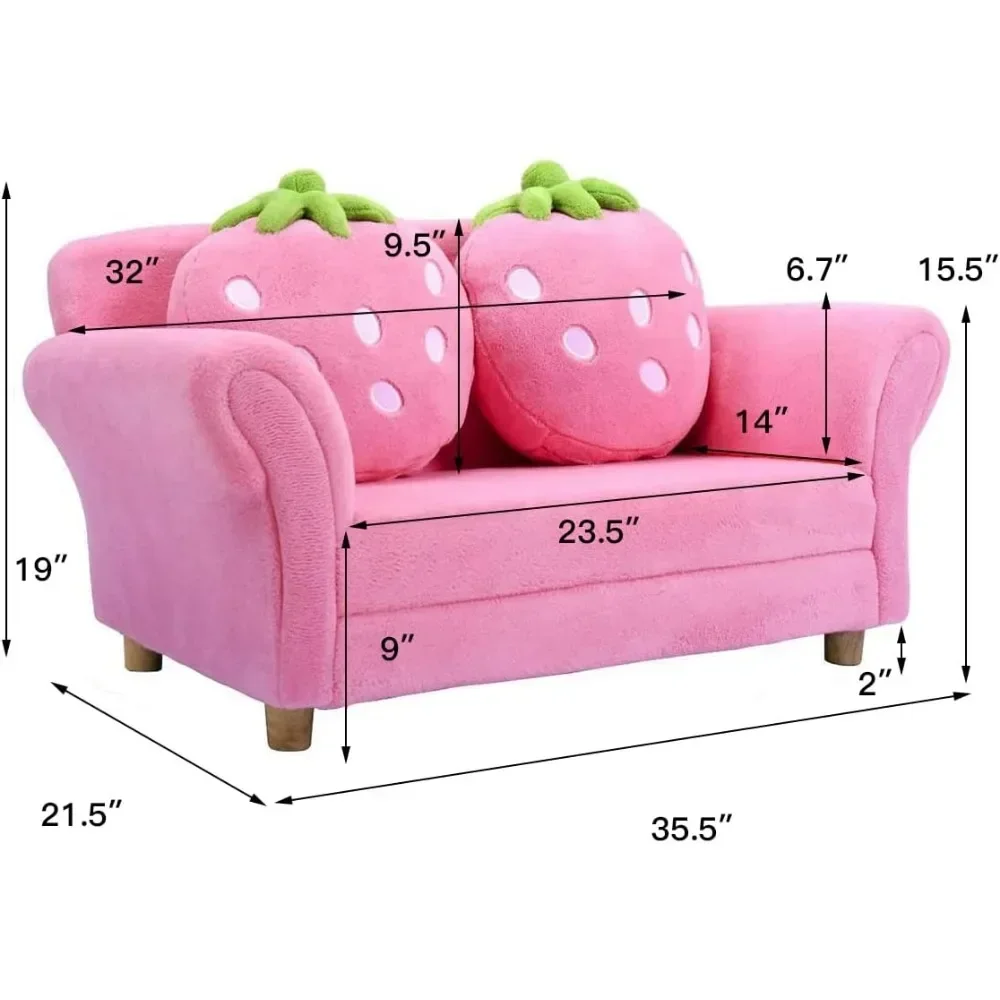 Children's sofa, upholstered toddler armchair with ergonomic backrest and 2 strawberry pillows, two-seater toddler armchair 4