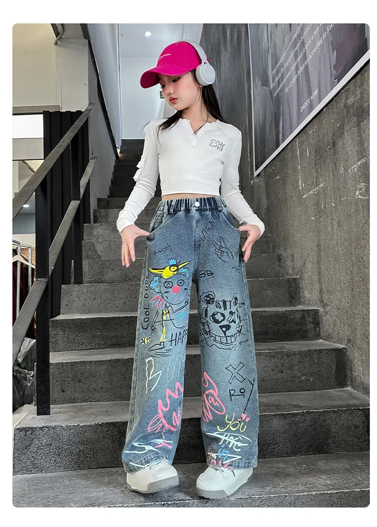 تصميم جديد للأطفال مطبوعة الهيب هوب الجينز للفتيات موضة عالية الشارع الشهير الدنيم السراويل الاطفال العصرية الكرتون الجينز السراويل 4-14T