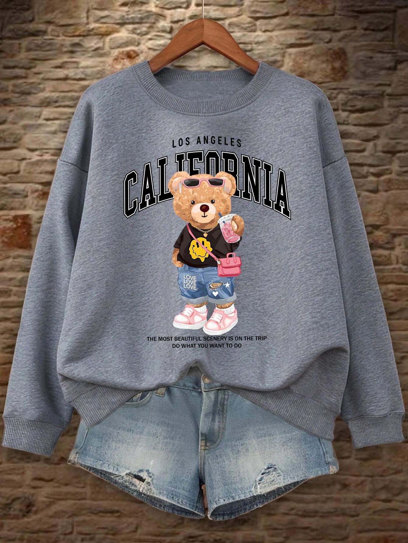 Kleine Bär Trinken Milch Tee Gedruckt Frauen Pullover Oansatz Lose Streetwear Casual Herbst Kleidung Fleece Alle-Spiel Sweatshirt