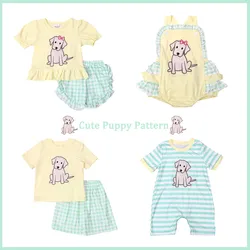 Boutique Baby Kids Cotton Short Sleeved Yellow T-shirt Set Round Neck Puppy Printing Boy Top Clothes And Green Stripe Short Suit