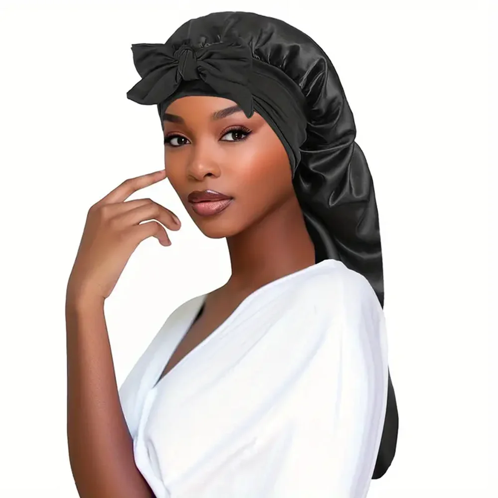 Bowknot Braid Bonnet Unscented Satin Sleep Cap Elastic Band Long Tie for Women Breathable Night Hair Bonnet hair bonnet satin bonnet satin nightcap sleeping cap