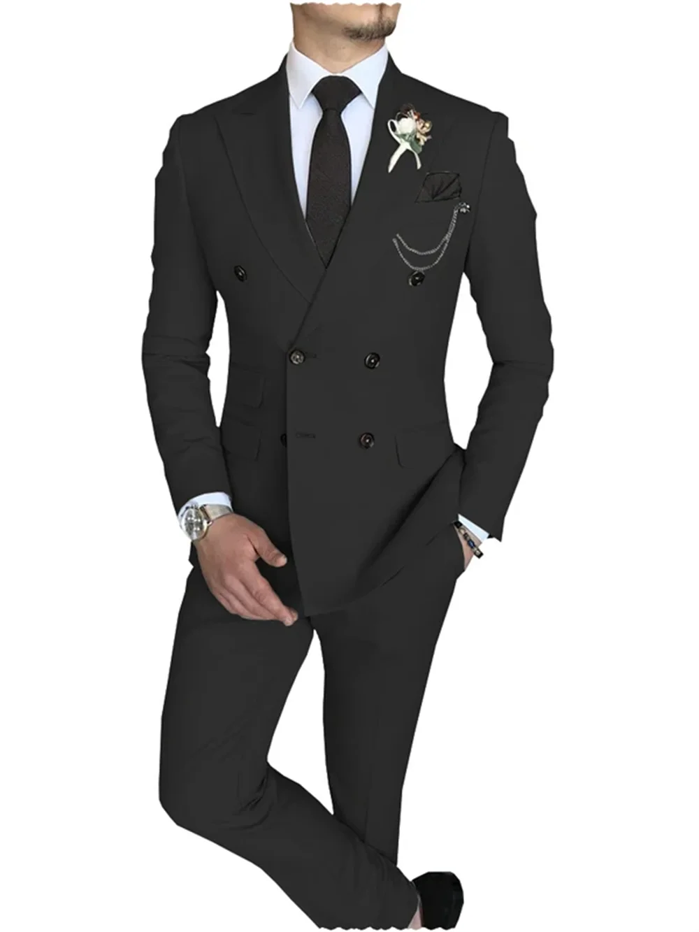 Men's Suit 2 Piece Double Breasted Peak Lapel Jacket Business Casual Slim Fit Wedding  Suit For Men ( Blazer+Pants）