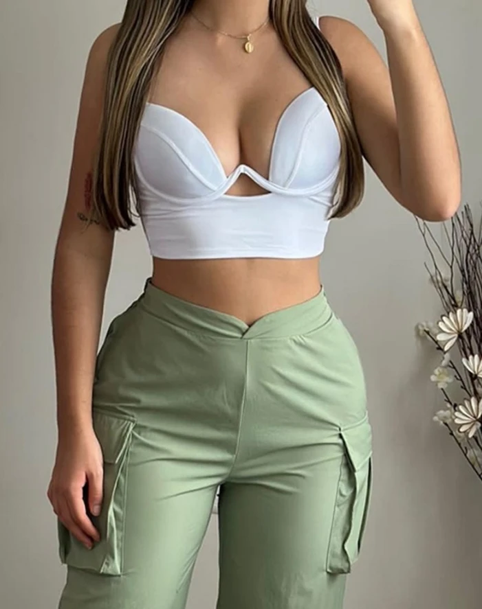 Women's Pants 2024 Spring Fashion Pocket Design High Waist Casual Plain Daily Elastic Waist Long Cargo Pants Y2K Streetwear