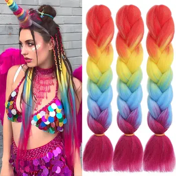 합성 레인보우 옴브레 컬러, 여성용 점보 브레이드 헤어 익스텐션, DIY 크로셰 브레이드 헤어, 24 인치 상품 이미지