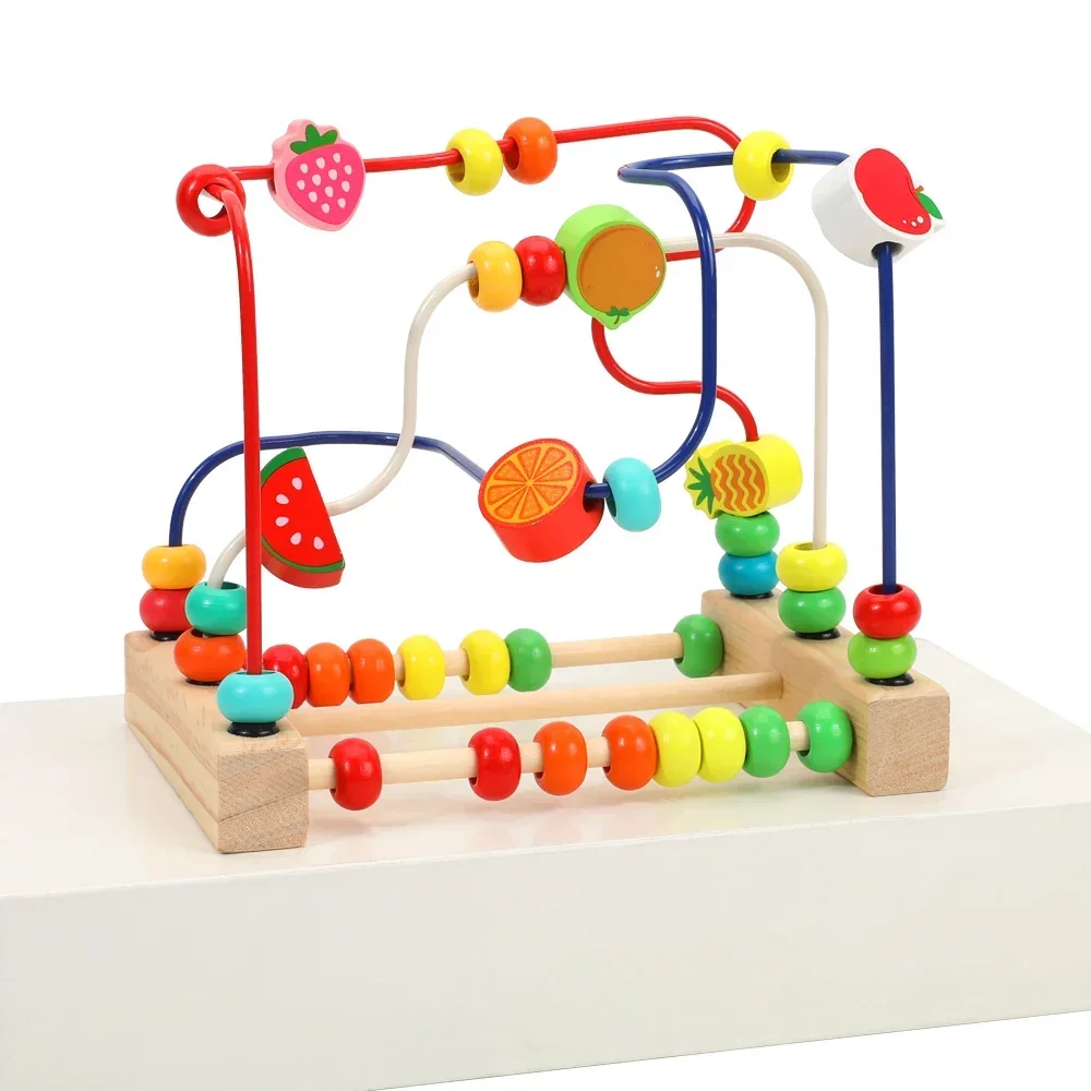 Children's Wooden Toys Cartoon Fruit Beads Puzzle Counting Learning Puzzle Circles Montessori Toys Baby Early Education Maze 4