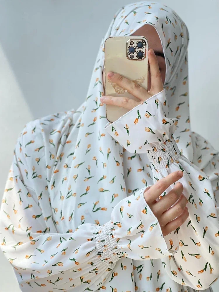 Prayer Abaya with Integrated Veil Printed Hijab Dress Hooded Muslim Women Islamic Jilbab One Piece Ramadan Outfit Dubai Niqab