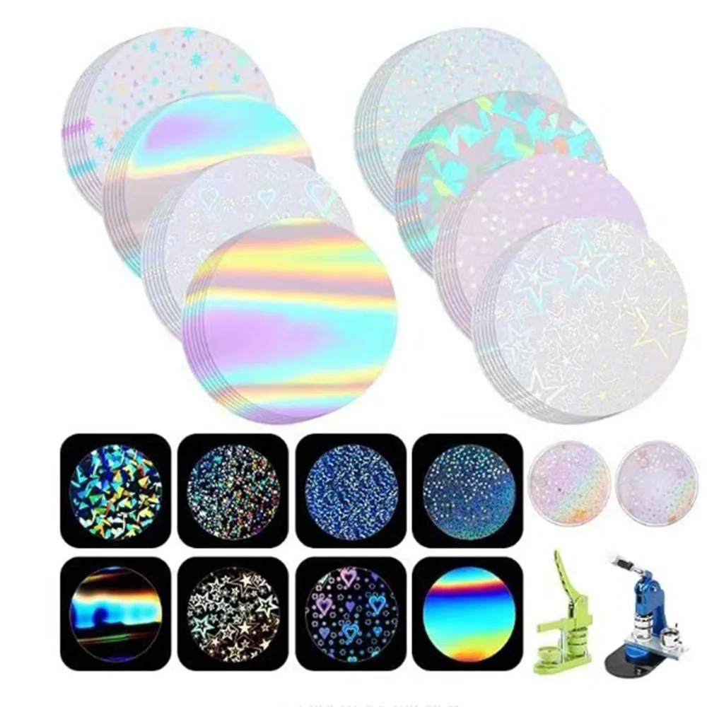 58mm 쉐이킹 레이저 필름 배지 제작 세트, 무절단 광택 필름 양철 배지 기계 (유리 깨진 별 & 하트 디자인 포함)