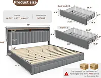 King Size Bed Frame with 4 Storage Drawers, Upholstered King Bed Frame and headboard with 2-Tier Shelves,Mattress Foundation 2